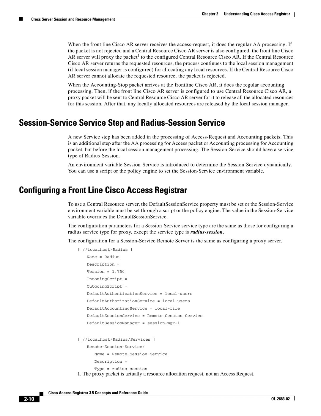 Cisco Systems 3.5 Session-Service Service Step and Radius-Session Service, Configuring a Front Line Cisco Access Registrar 