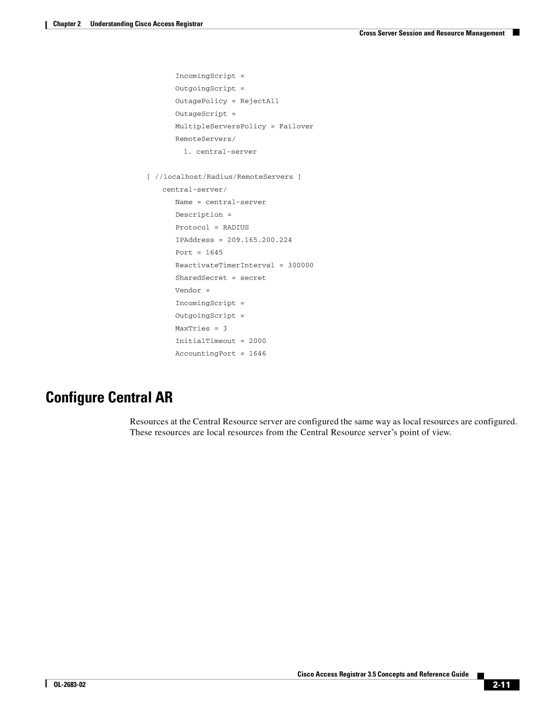 Cisco Systems 3.5 manual Configure Central AR 