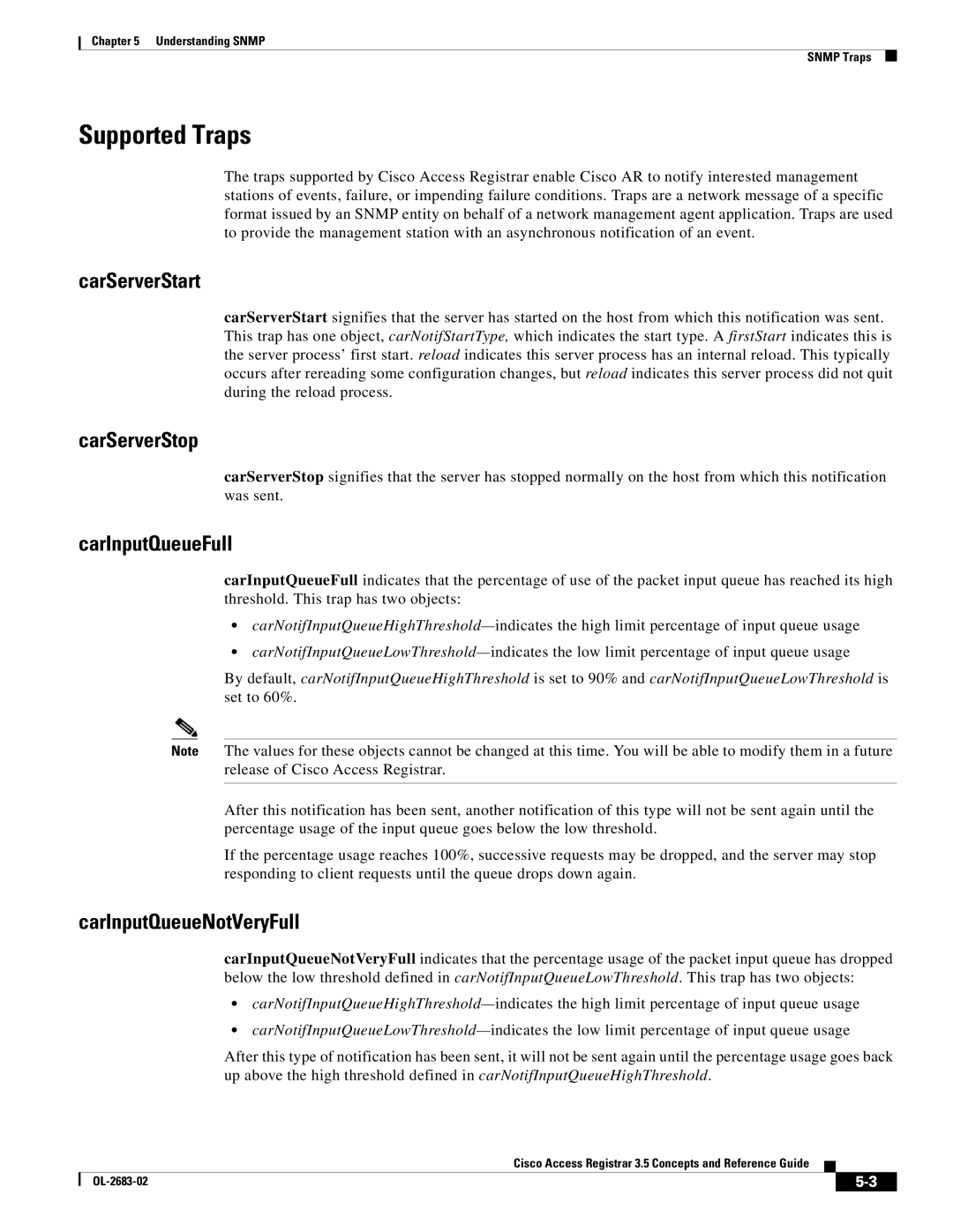 Cisco Systems 3.5 manual Supported Traps, CarServerStart, CarServerStop, CarInputQueueFull, CarInputQueueNotVeryFull 