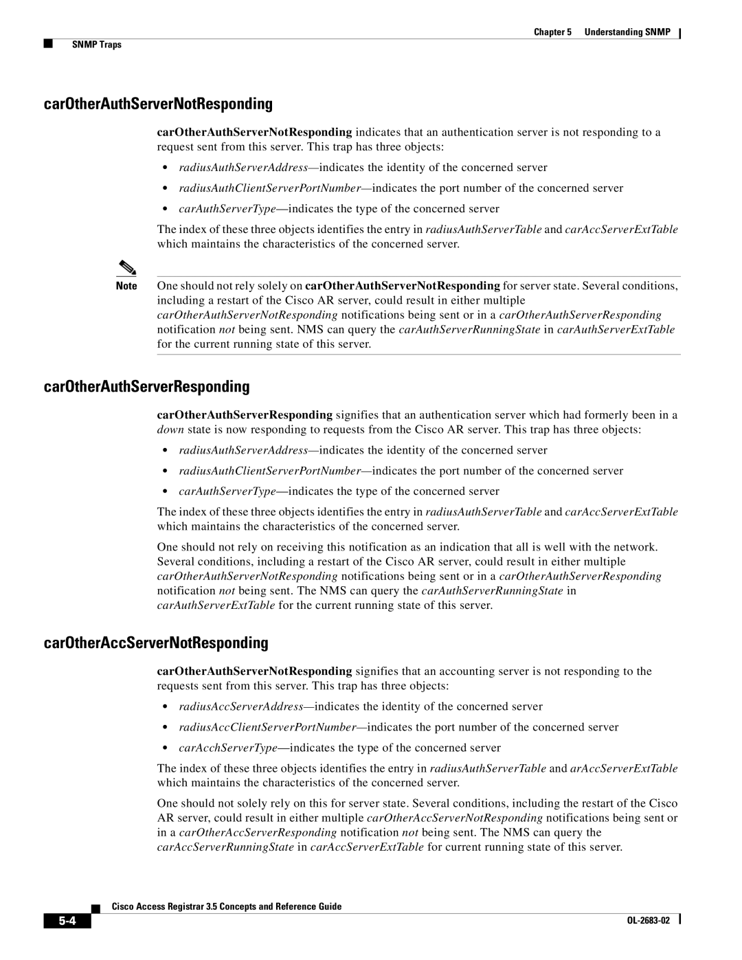 Cisco Systems 3.5 manual CarOtherAuthServerNotResponding, CarOtherAuthServerResponding, CarOtherAccServerNotResponding 