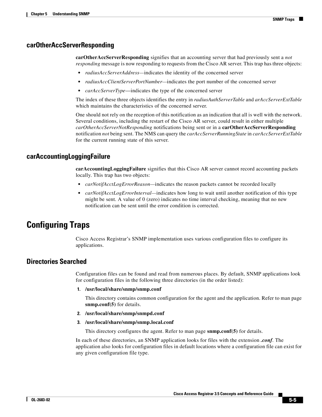 Cisco Systems 3.5 manual Configuring Traps, CarOtherAccServerResponding, CarAccountingLoggingFailure, Directories Searched 