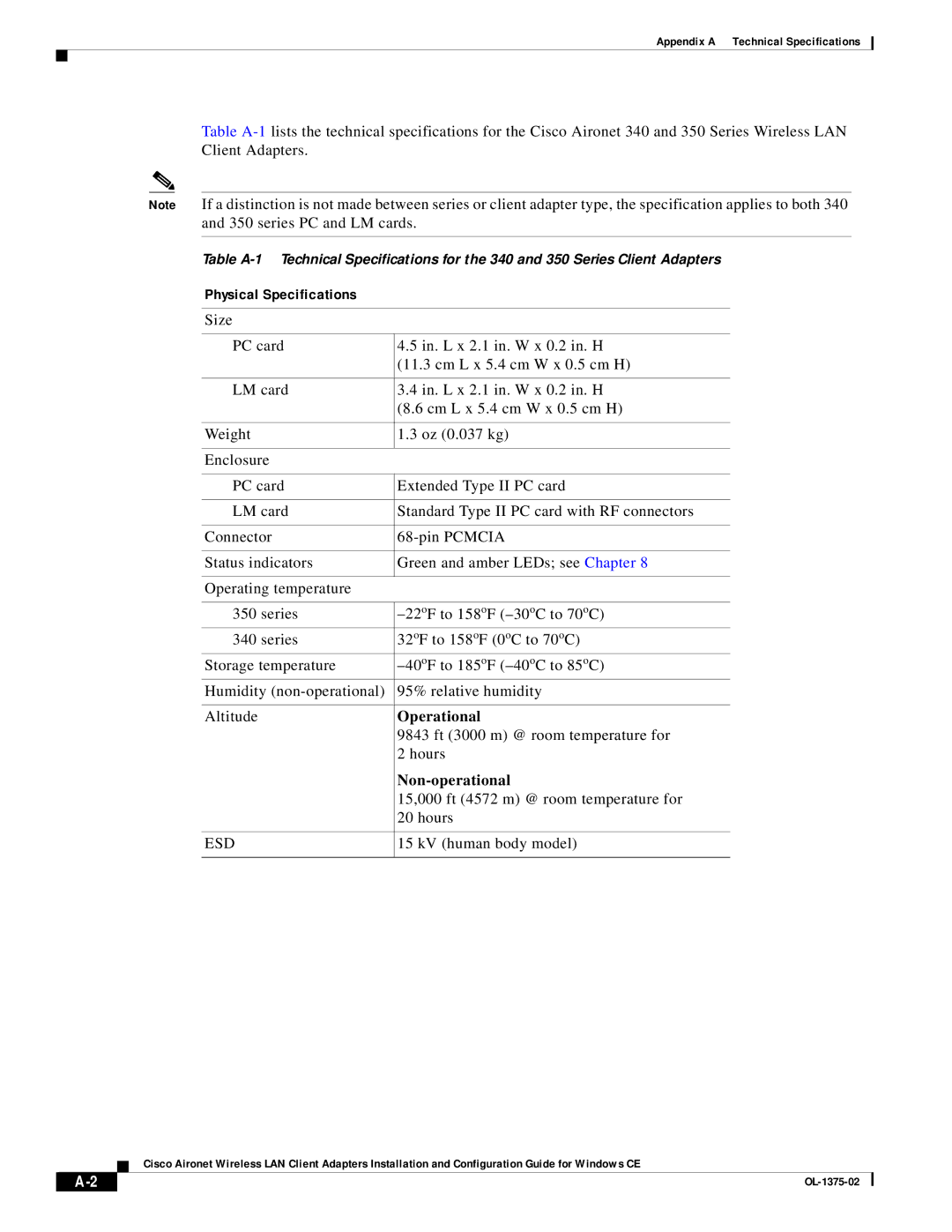 Cisco Systems 350, 340 appendix Physical Specifications, Operational, Non-operational 