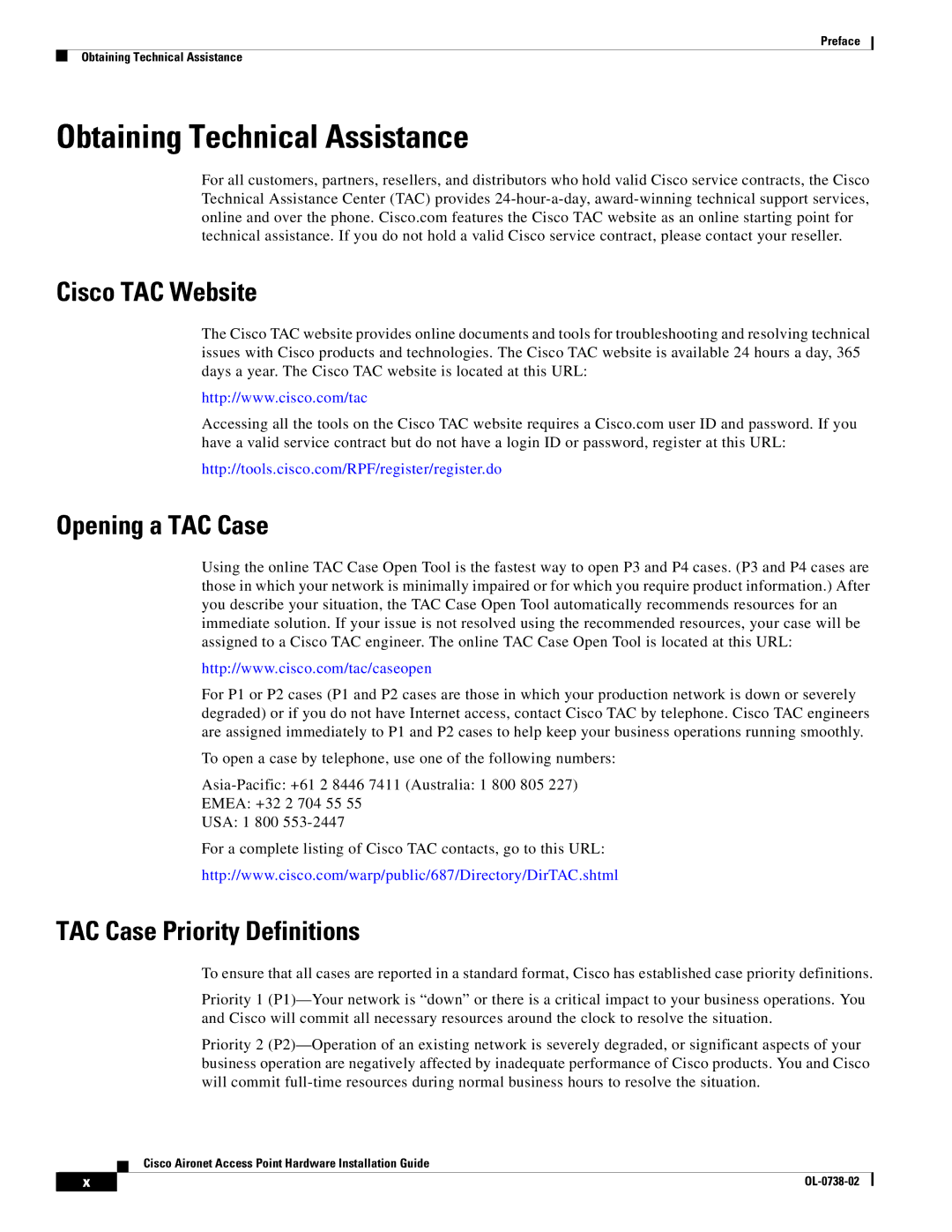 Cisco Systems 350 Obtaining Technical Assistance, Cisco TAC Website, Opening a TAC Case, TAC Case Priority Definitions 