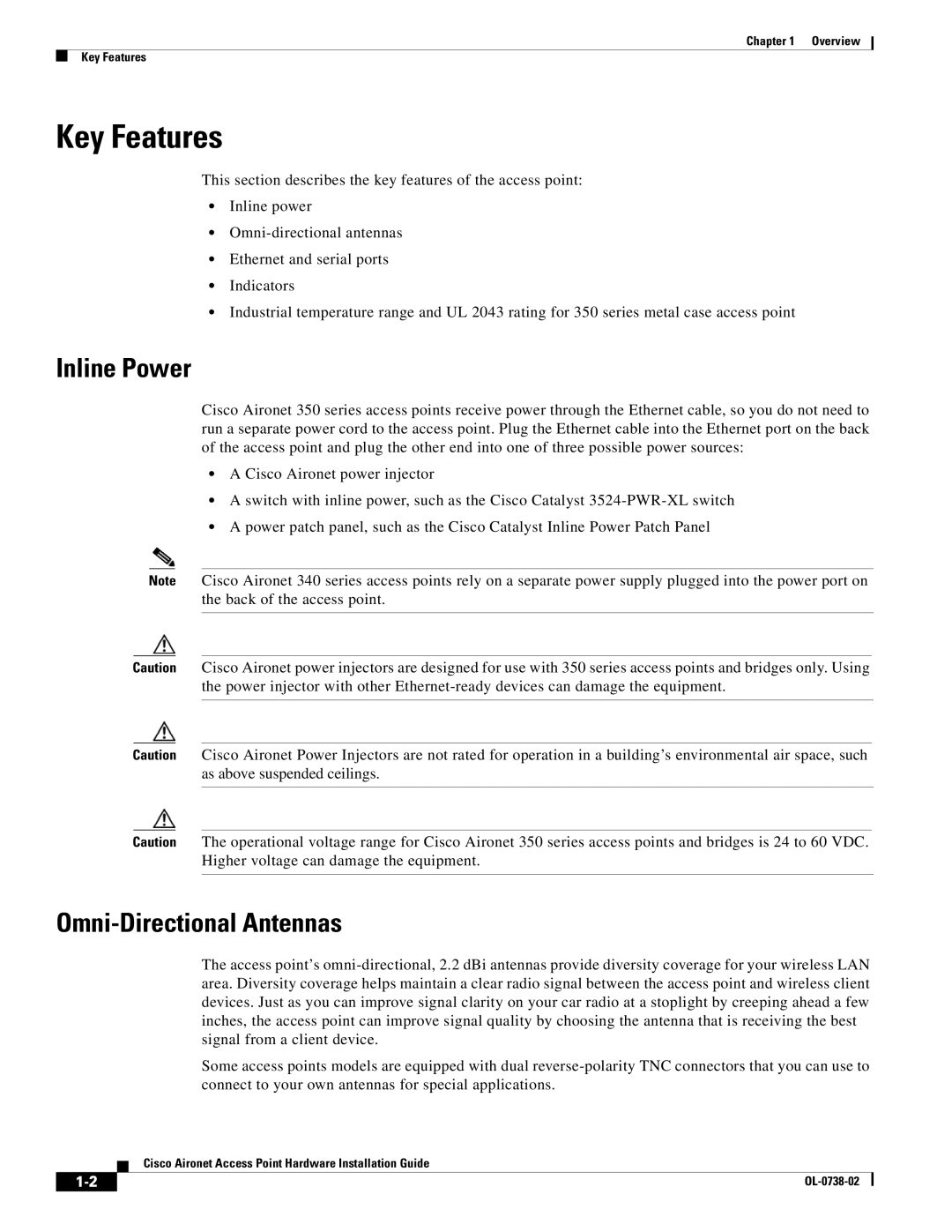 Cisco Systems 350, 340 manual Key Features, Inline Power, Omni-Directional Antennas 