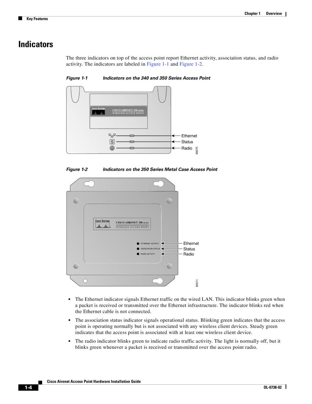 Cisco Systems 350, 340 manual Indicators, Ethernet Status Radio 