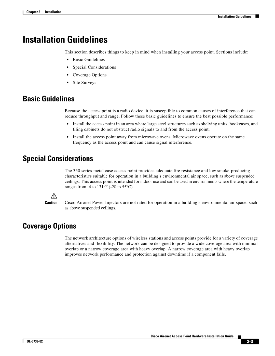 Cisco Systems 340, 350 manual Installation Guidelines, Basic Guidelines, Special Considerations, Coverage Options 