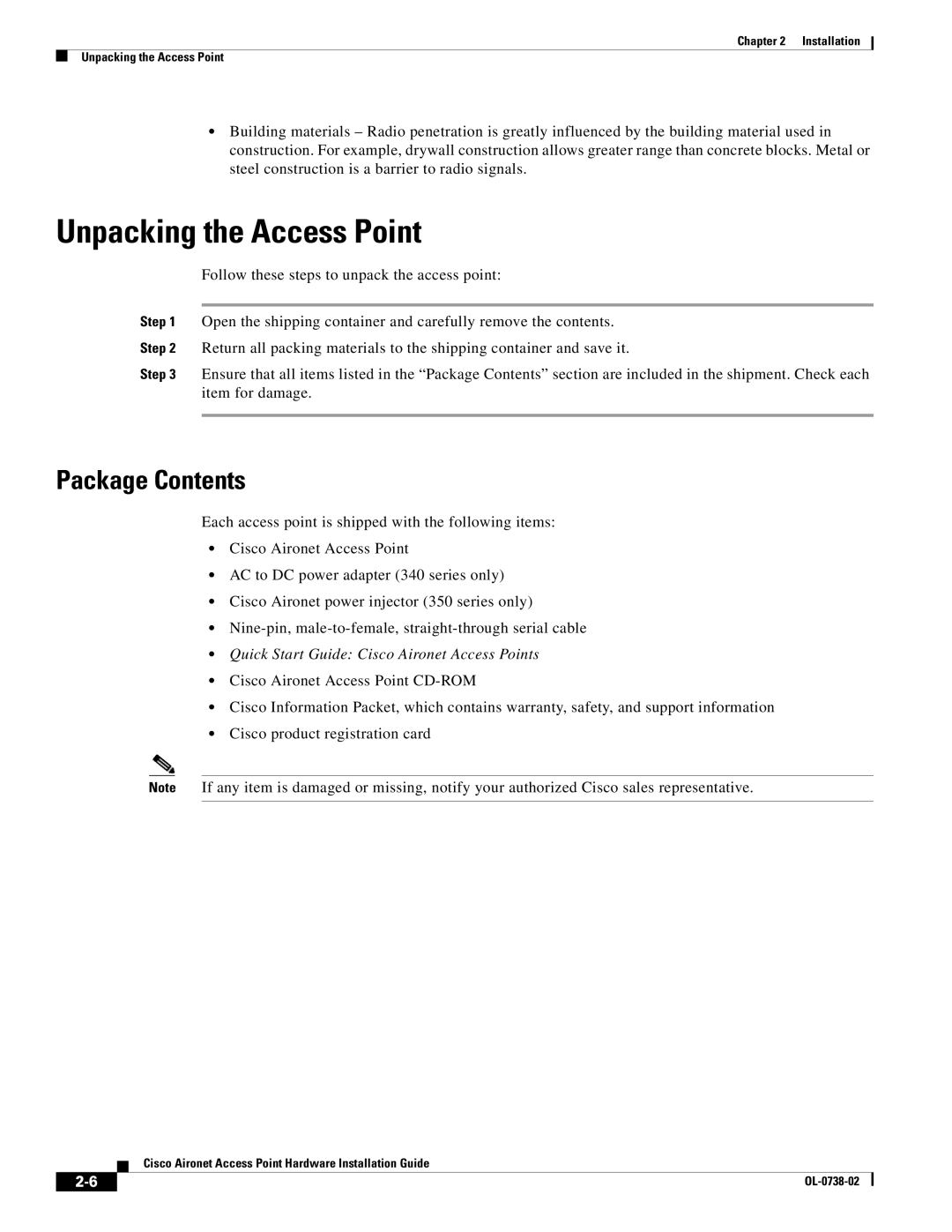 Cisco Systems 350, 340 manual Unpacking the Access Point, Package Contents 