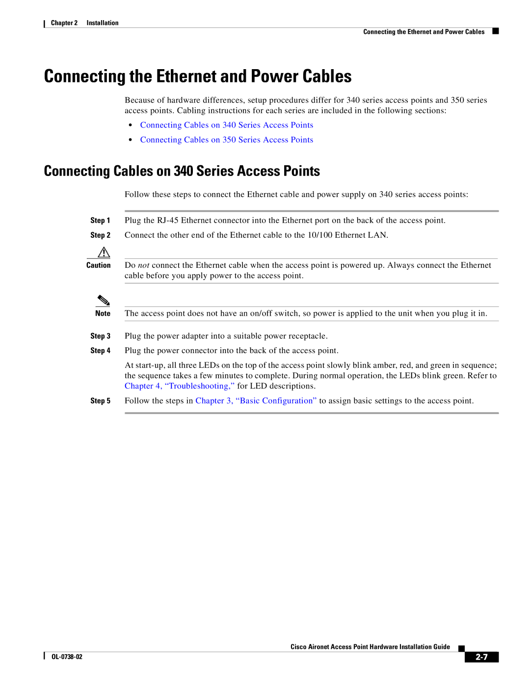 Cisco Systems 350 manual Connecting the Ethernet and Power Cables, Connecting Cables on 340 Series Access Points 