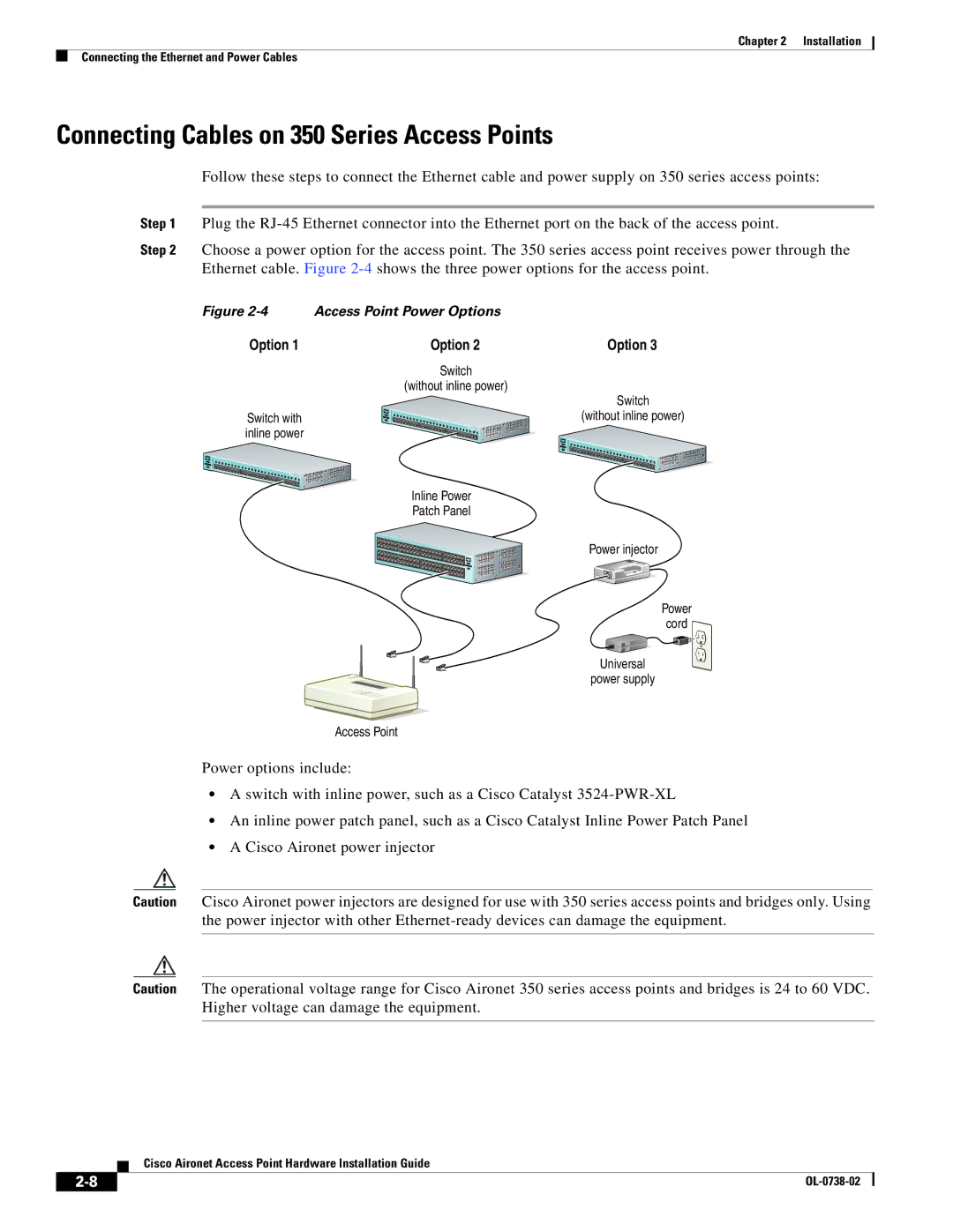 Cisco Systems 340 manual Connecting Cables on 350 Series Access Points, Access Point Power Options 