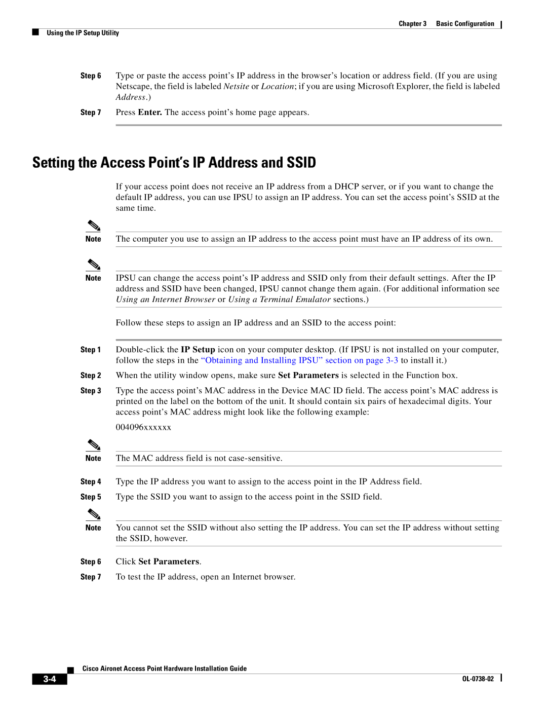 Cisco Systems 350, 340 manual Setting the Access Point’s IP Address and Ssid, Click Set Parameters 