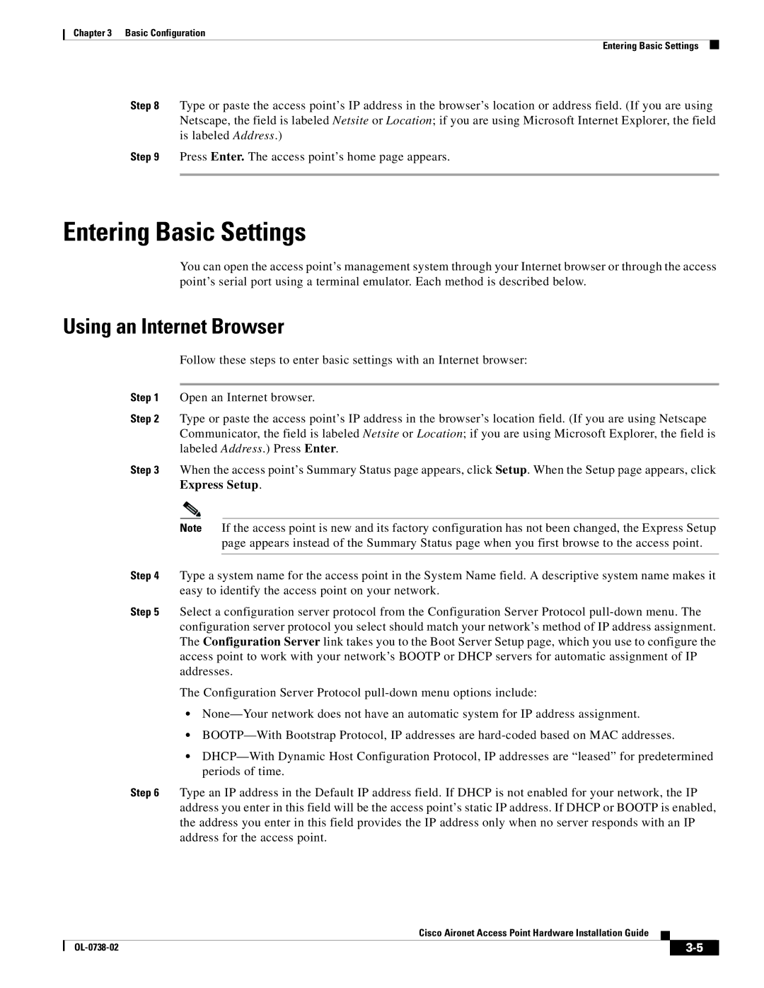 Cisco Systems 340, 350 manual Entering Basic Settings, Using an Internet Browser 