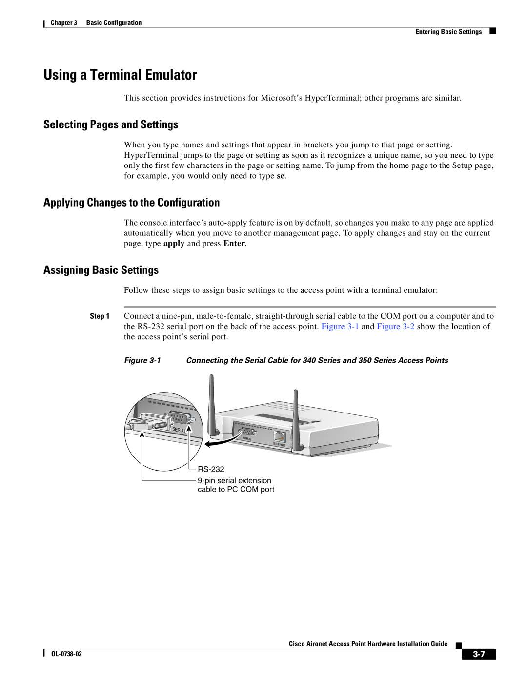 Cisco Systems 340, 350 manual Using a Terminal Emulator, Selecting Pages and Settings 