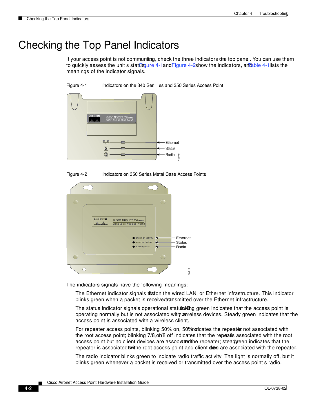 Cisco Systems manual Checking the Top Panel Indicators, Indicators on the 340 Series and 350 Series Access Point 