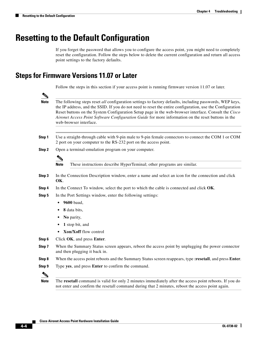 Cisco Systems 350, 340 manual Resetting to the Default Configuration, Steps for Firmware Versions 11.07 or Later 