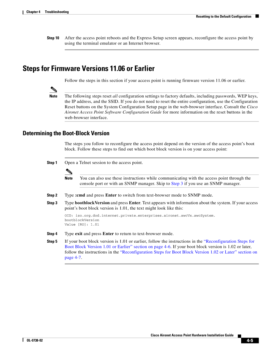 Cisco Systems 340, 350 manual Steps for Firmware Versions 11.06 or Earlier, Determining the Boot-Block Version 