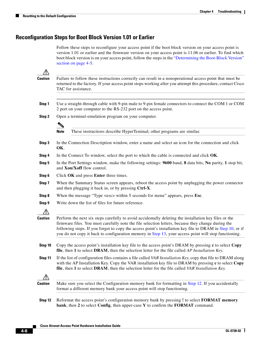 Cisco Systems 350, 340 manual Reconfiguration Steps for Boot Block Version 1.01 or Earlier 