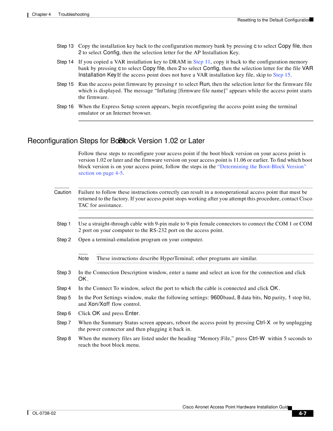 Cisco Systems 340, 350 manual Reconfiguration Steps for Boot Block Version 1.02 or Later 