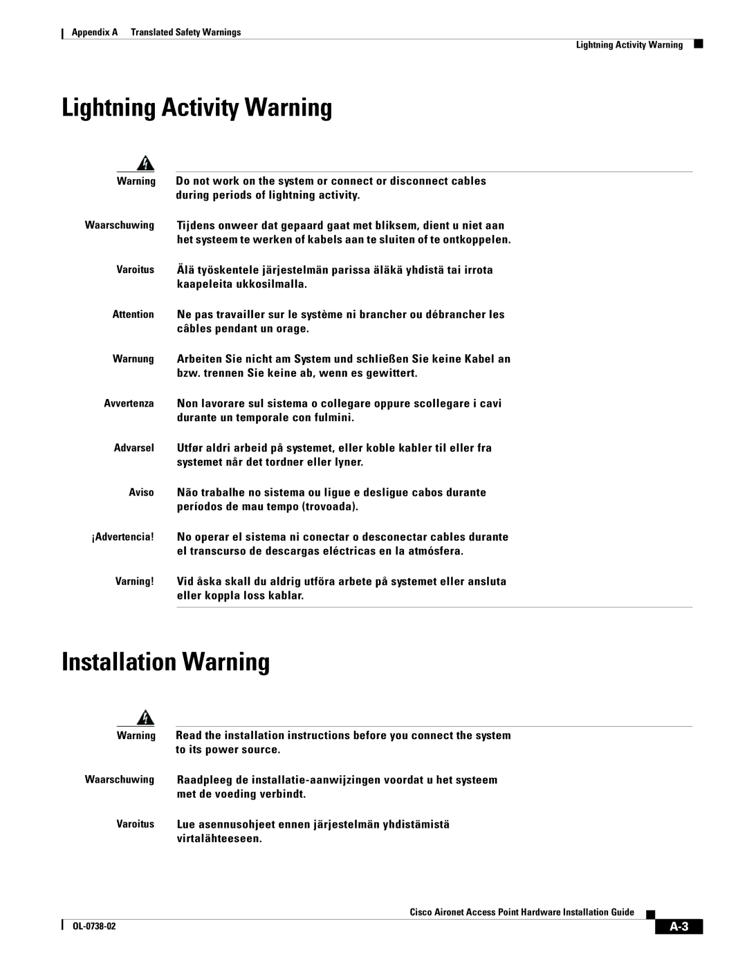 Cisco Systems 340, 350 manual Lightning Activity Warning, Installation Warning 