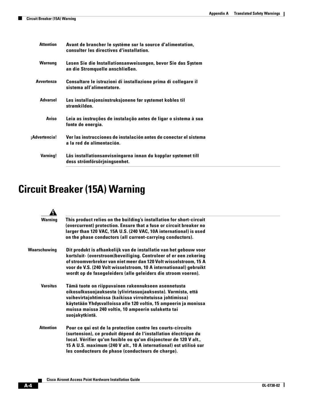 Cisco Systems 350, 340 manual Circuit Breaker 15A Warning 