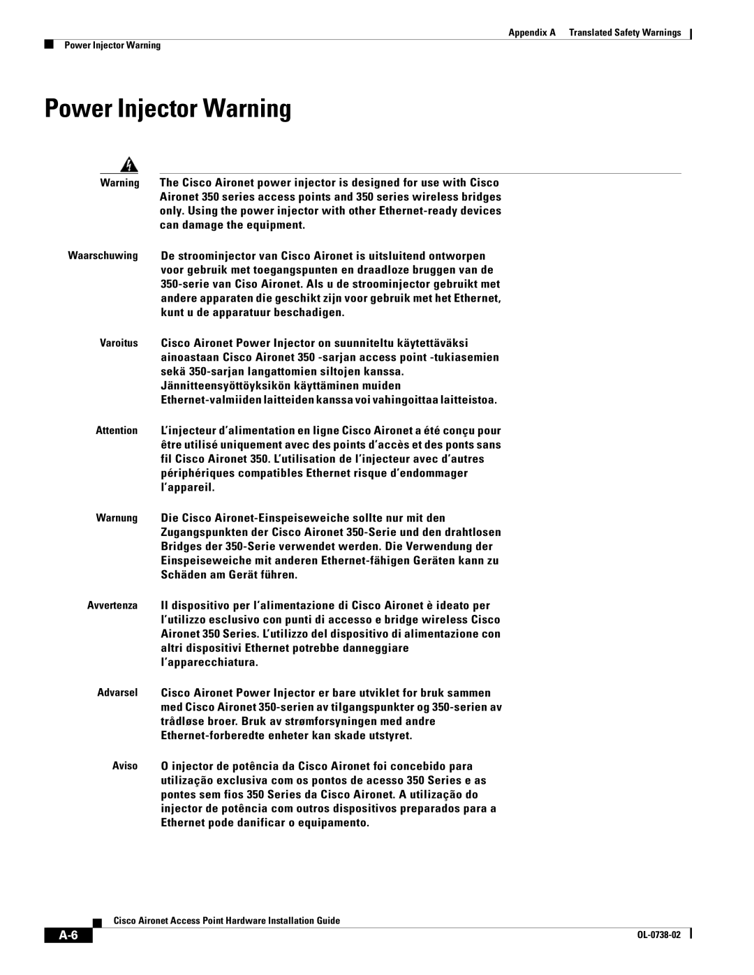 Cisco Systems 350, 340 manual Power Injector Warning 