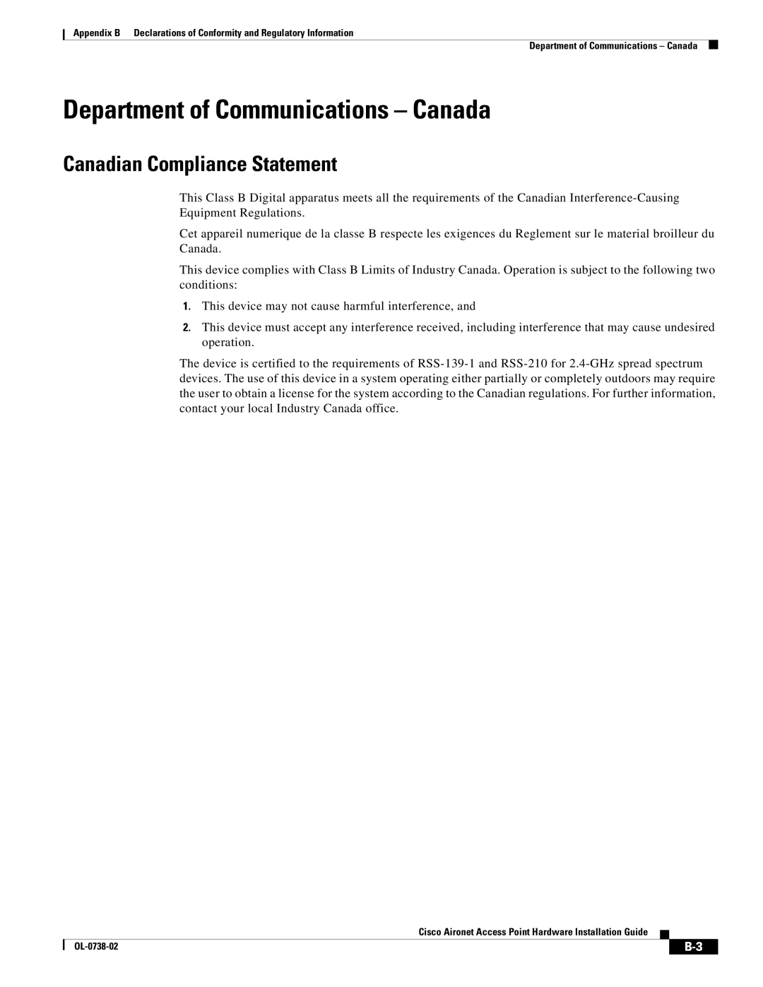 Cisco Systems 340, 350 manual Department of Communications Canada, Canadian Compliance Statement 