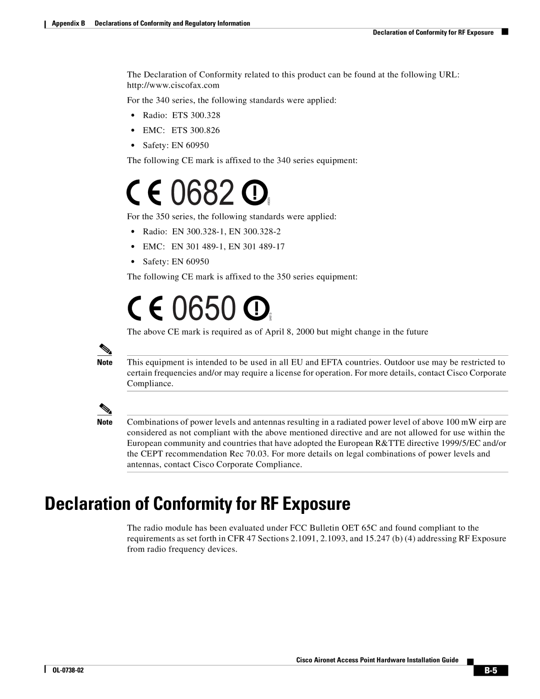 Cisco Systems 340, 350 manual Declaration of Conformity for RF Exposure 