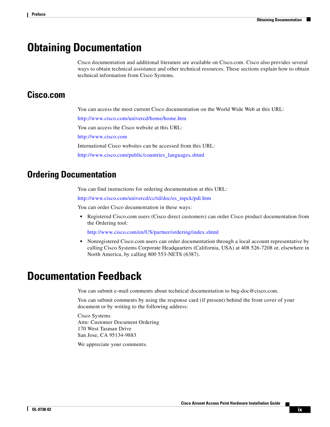 Cisco Systems 340, 350 manual Obtaining Documentation, Documentation Feedback, Cisco.com, Ordering Documentation 