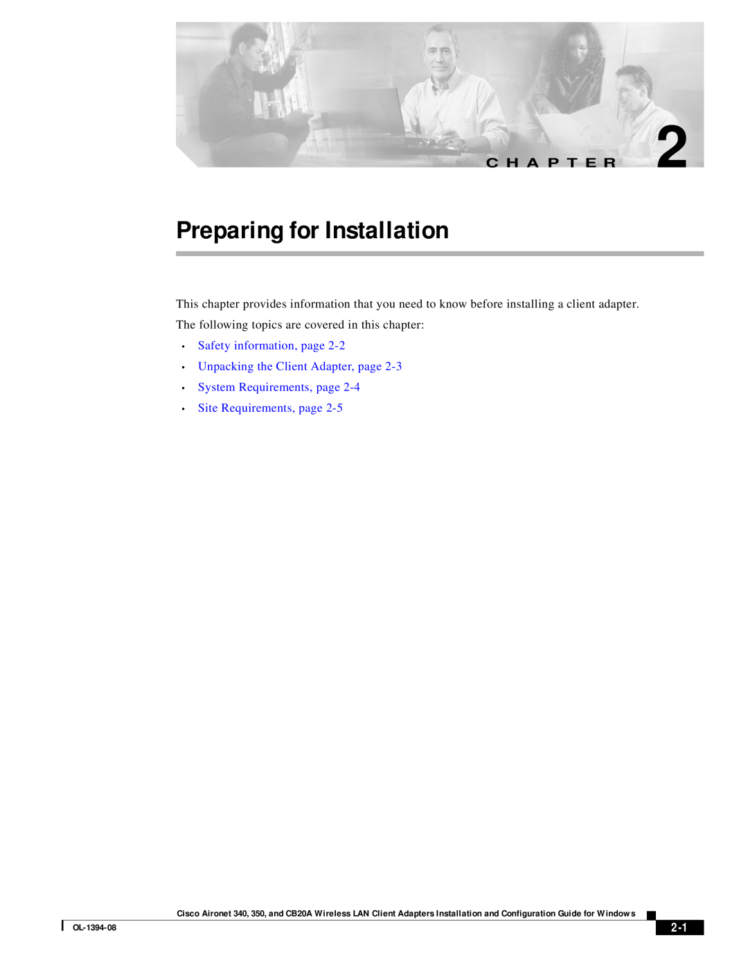 Cisco Systems CB20A manual Preparing for Installation, C H A P T E R, System Requirements, page Site Requirements, page 
