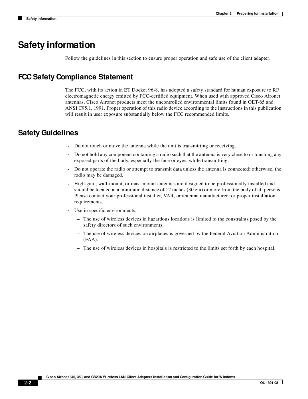 Cisco Systems 350, CB20A manual Safety information, FCC Safety Compliance Statement, Safety Guidelines 