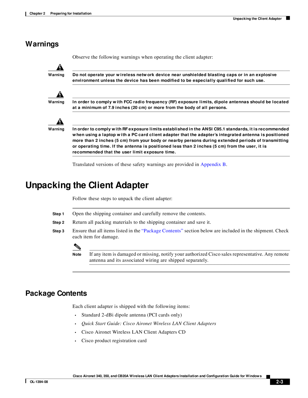 Cisco Systems CB20A, 350 manual Unpacking the Client Adapter, Warnings, Package Contents 