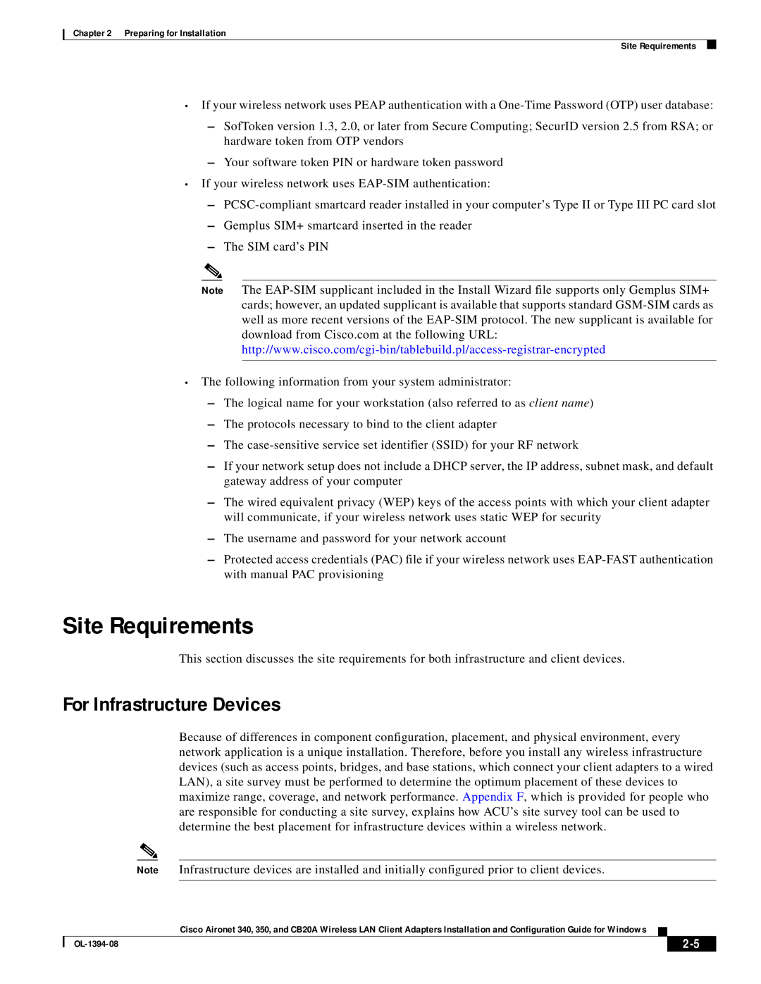 Cisco Systems CB20A, 350 manual Site Requirements, For Infrastructure Devices 