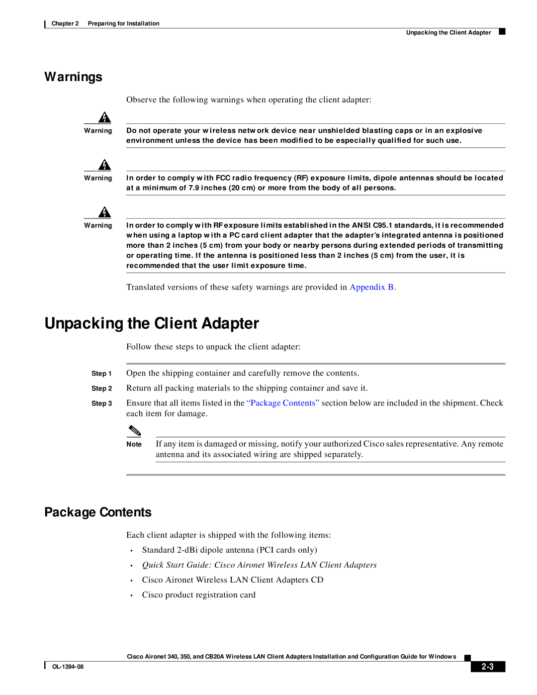 Cisco Systems CB20A, 350 manual Unpacking the Client Adapter, Package Contents 