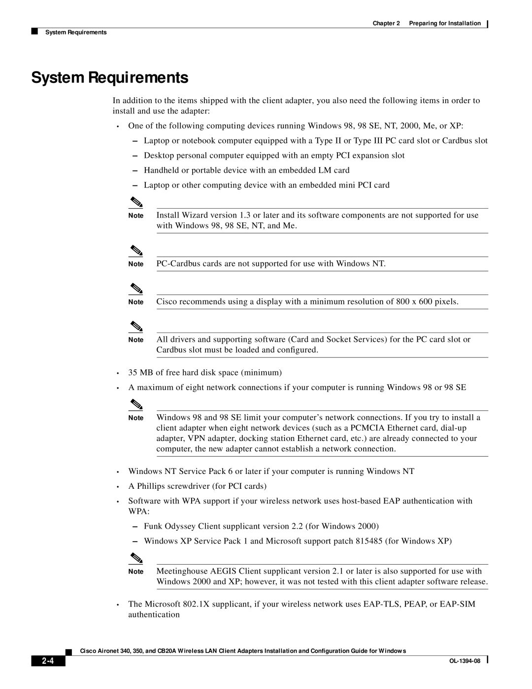 Cisco Systems 350, CB20A manual System Requirements 