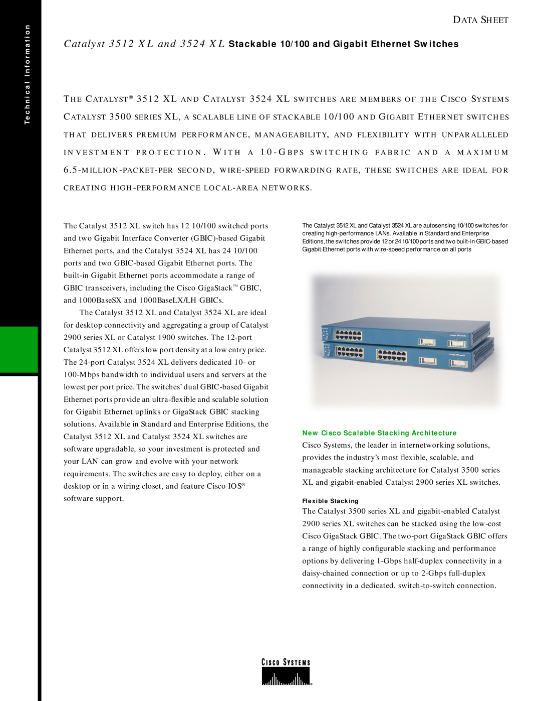 Cisco Systems 3524 XL manual New Cisco Scalable Stacking Architecture, Data Sheet, Te c h n i c a l I n f o r m a t i o n 