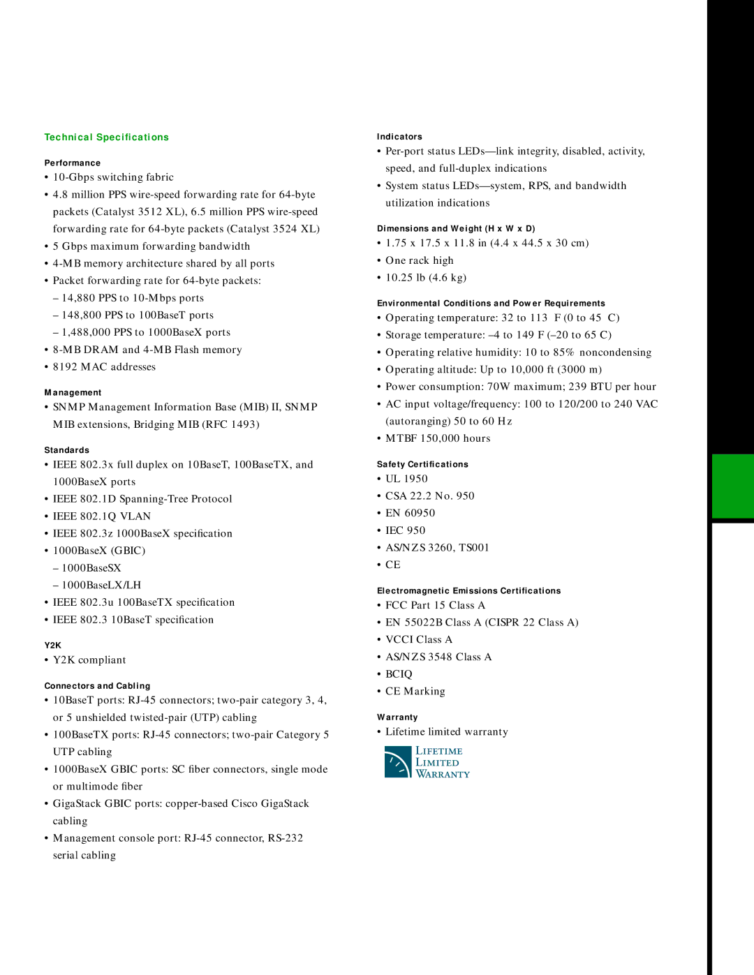 Cisco Systems 3524 XL, 3512 XL manual Technical Specifications 