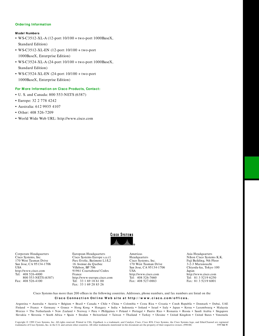 Cisco Systems 3512 XL, 3524 XL manual Ordering Information, For More Information on Cisco Products, Contact 