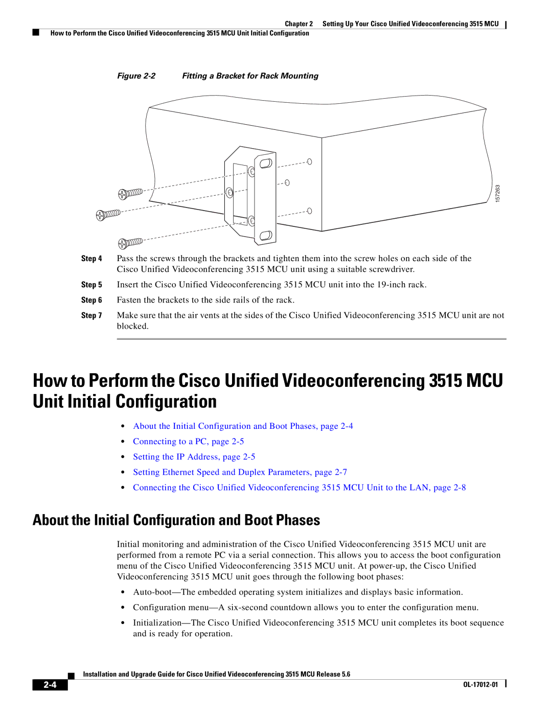 Cisco Systems 3515 MCU12, 3515 MCU24 About the Initial Configuration and Boot Phases, Fitting a Bracket for Rack Mounting 