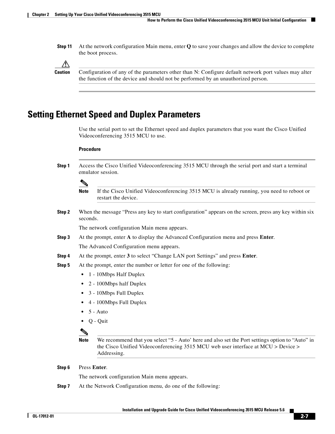 Cisco Systems 3515 MCU24, 3515 MCU12 manual Setting Ethernet Speed and Duplex Parameters 