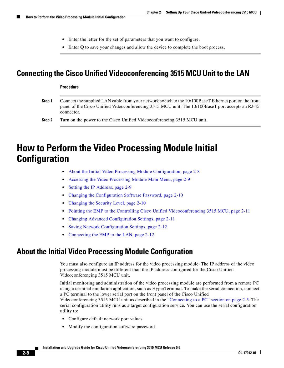 Cisco Systems 3515 MCU12, 3515 MCU24 manual About the Initial Video Processing Module Configuration 