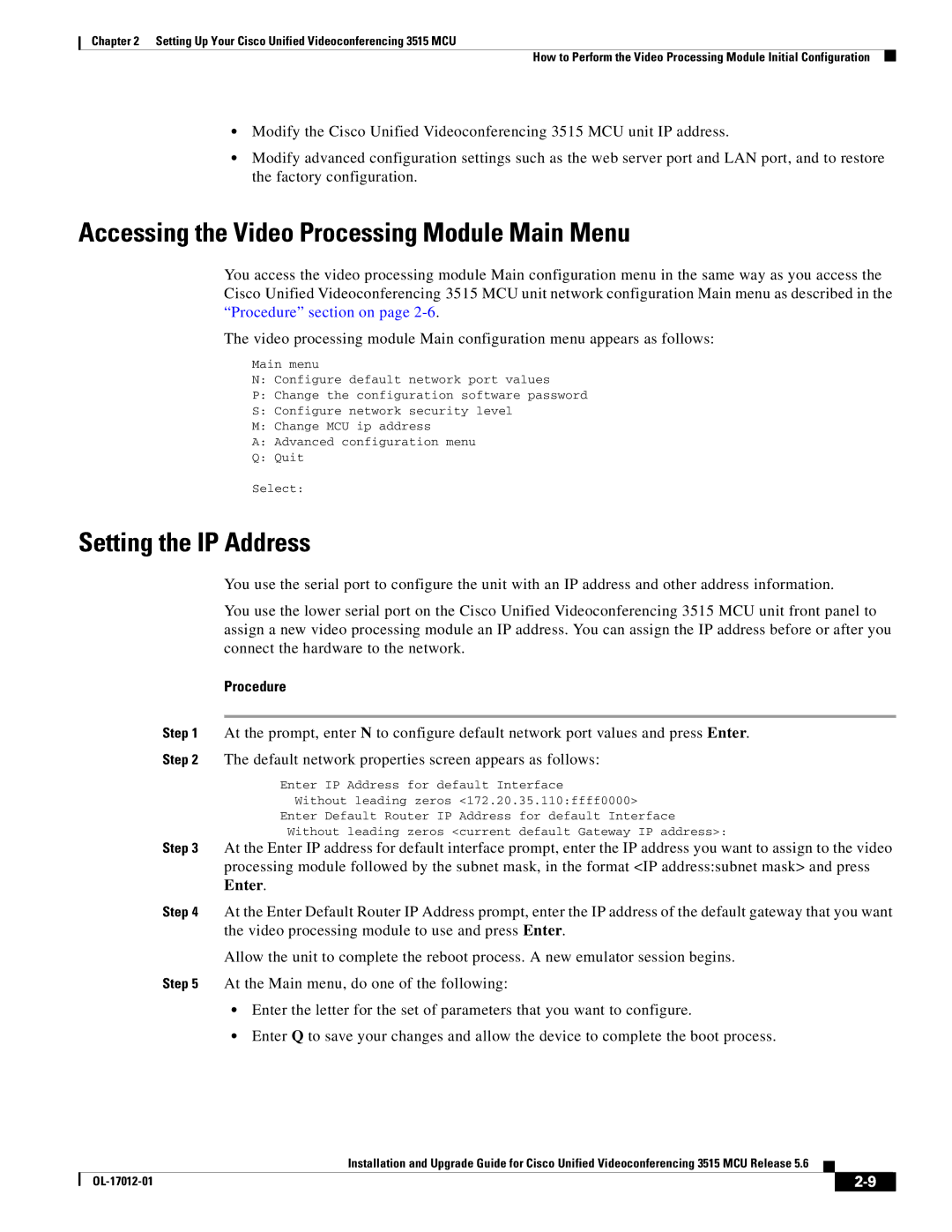 Cisco Systems 3515 MCU24, 3515 MCU12 manual Accessing the Video Processing Module Main Menu, Setting the IP Address 