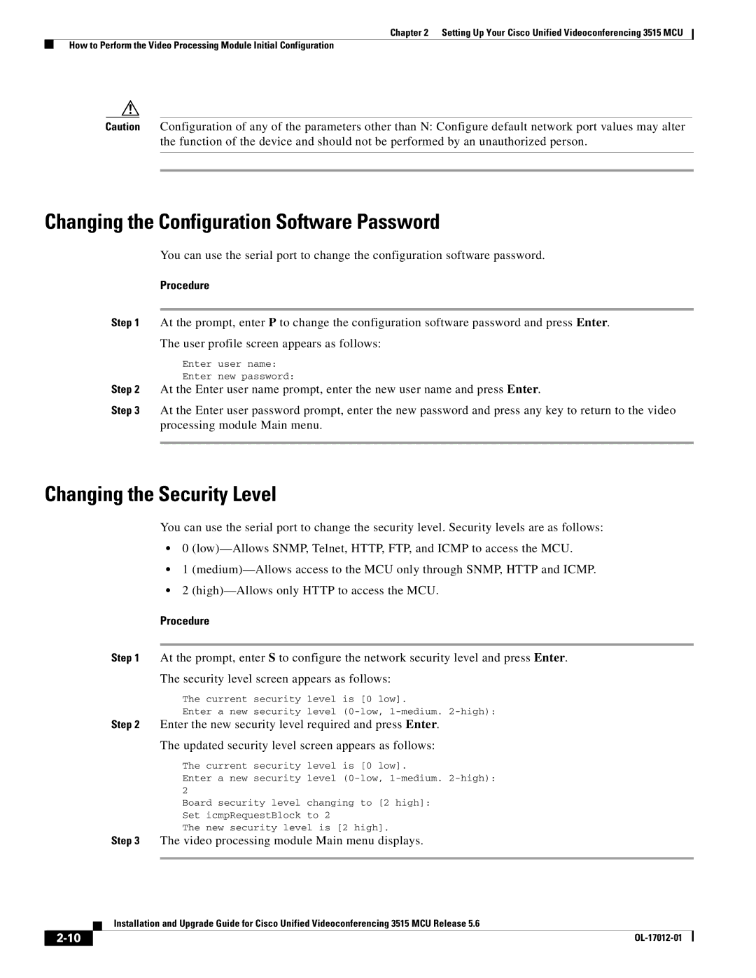 Cisco Systems 3515 MCU12, 3515 MCU24 manual Changing the Configuration Software Password, Changing the Security Level 