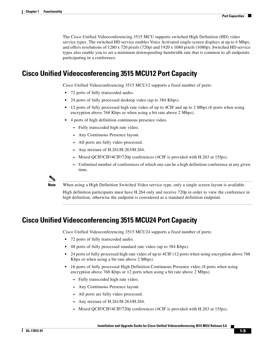 Cisco Systems 3515 MCU24 manual Cisco Unified Videoconferencing 3515 MCU12 Port Capacity 