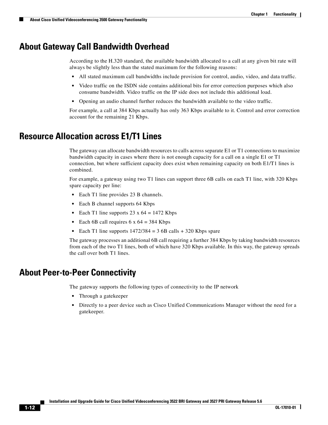 Cisco Systems 3522 BRI manual About Gateway Call Bandwidth Overhead, Resource Allocation across E1/T1 Lines 