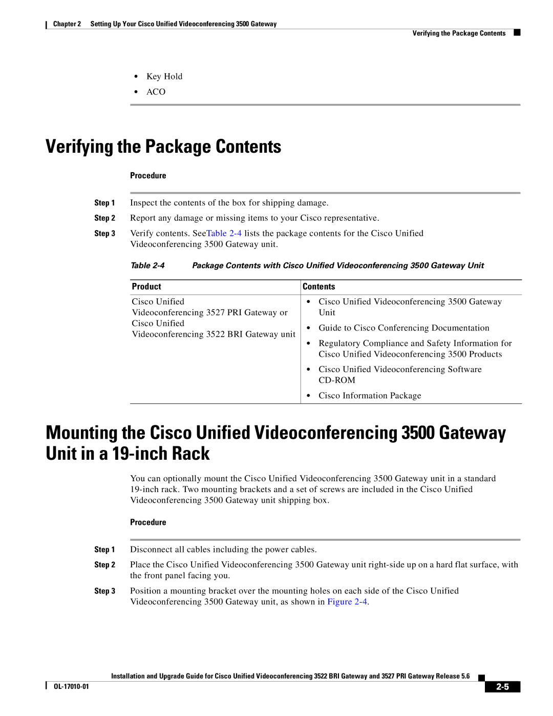 Cisco Systems 3522 BRI manual Verifying the Package Contents 