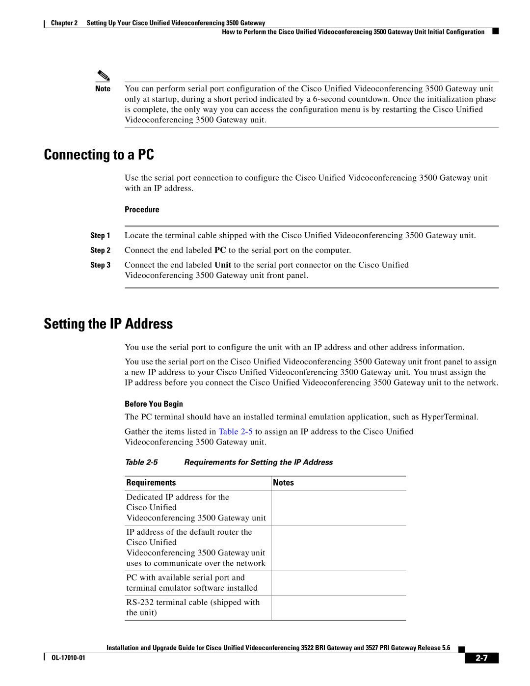 Cisco Systems 3522 BRI manual Connecting to a PC, Setting the IP Address, Before You Begin, Requirements 