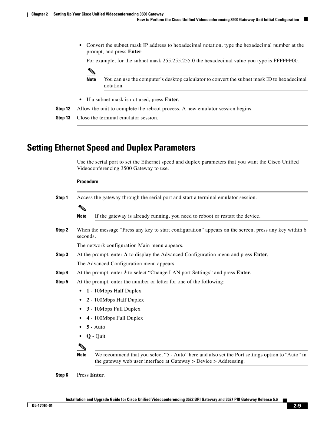 Cisco Systems 3522 BRI manual Setting Ethernet Speed and Duplex Parameters, Press Enter 