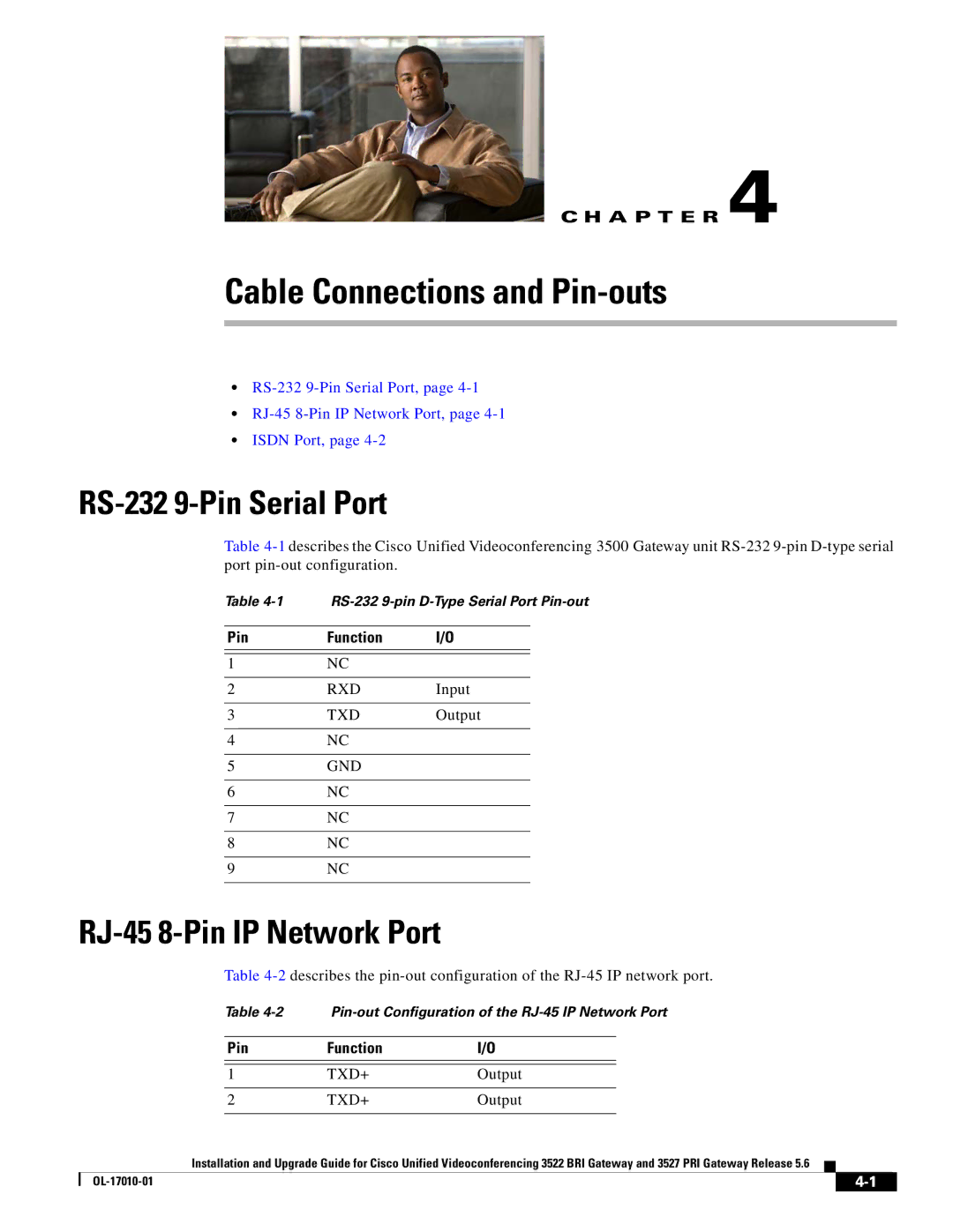 Cisco Systems 3522 BRI Cable Connections and Pin-outs, RS-232 9-Pin Serial Port, RJ-45 8-Pin IP Network Port, Pin Function 