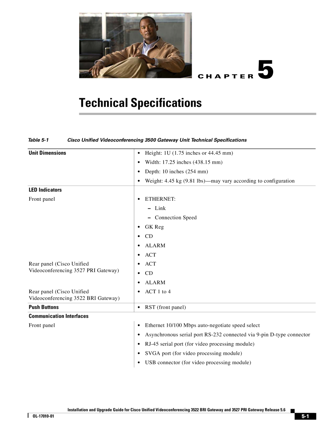 Cisco Systems 3522 BRI manual Technical Specifications, LED Indicators, Push Buttons, Communication Interfaces 