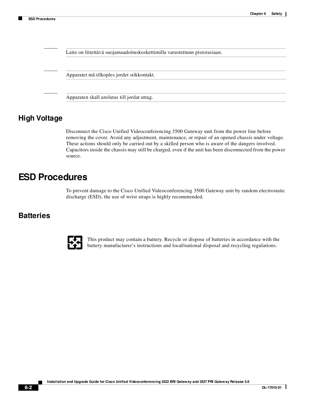 Cisco Systems 3522 BRI manual ESD Procedures, High Voltage, Batteries 