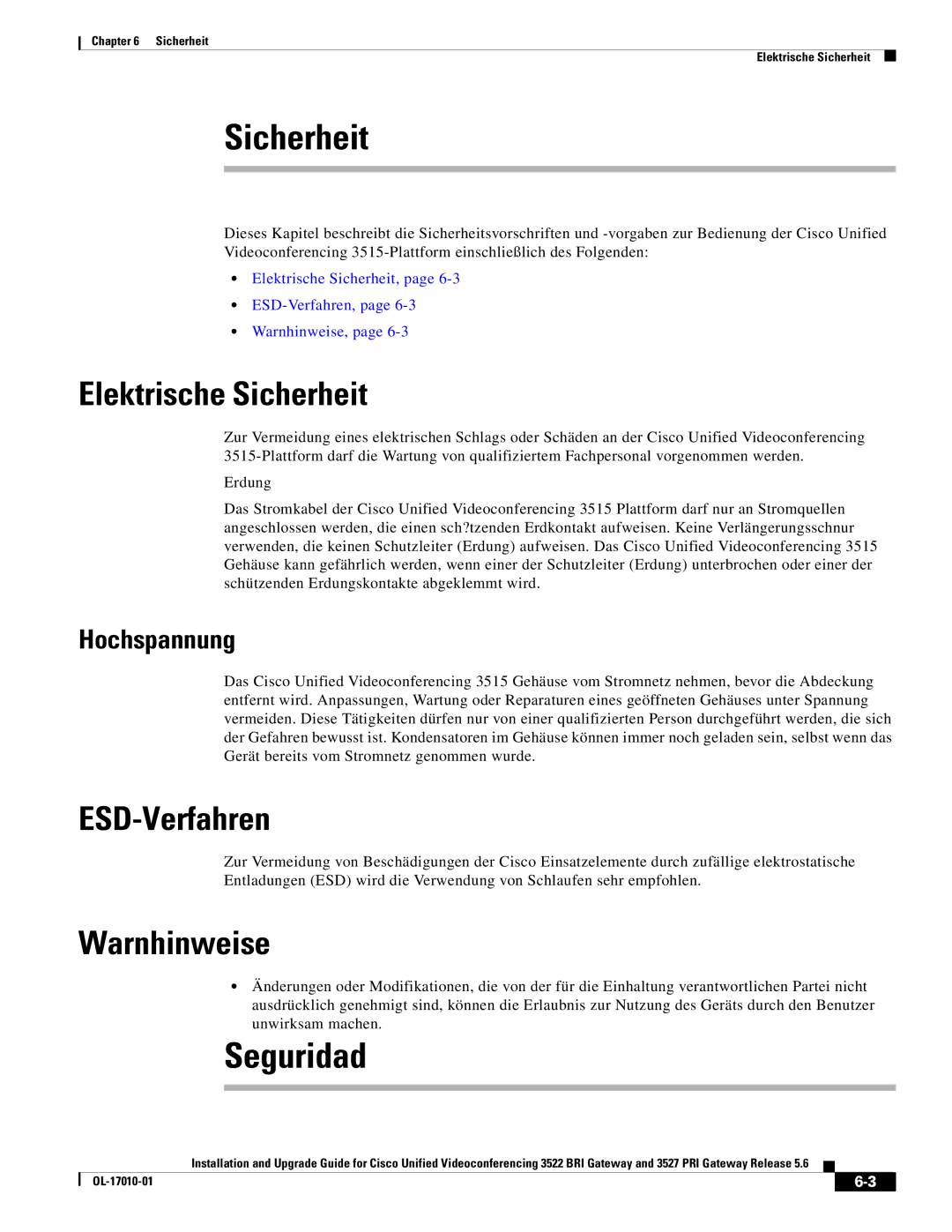 Cisco Systems 3522 BRI manual Seguridad, Elektrische Sicherheit, ESD-Verfahren, Warnhinweise 